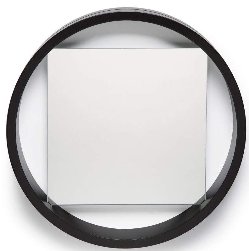 Benno Mirror Spectrum: Runder Spiegel mit schwarzem Rahmen und quadratischer Spiegelfläche für Wanddekoration.
